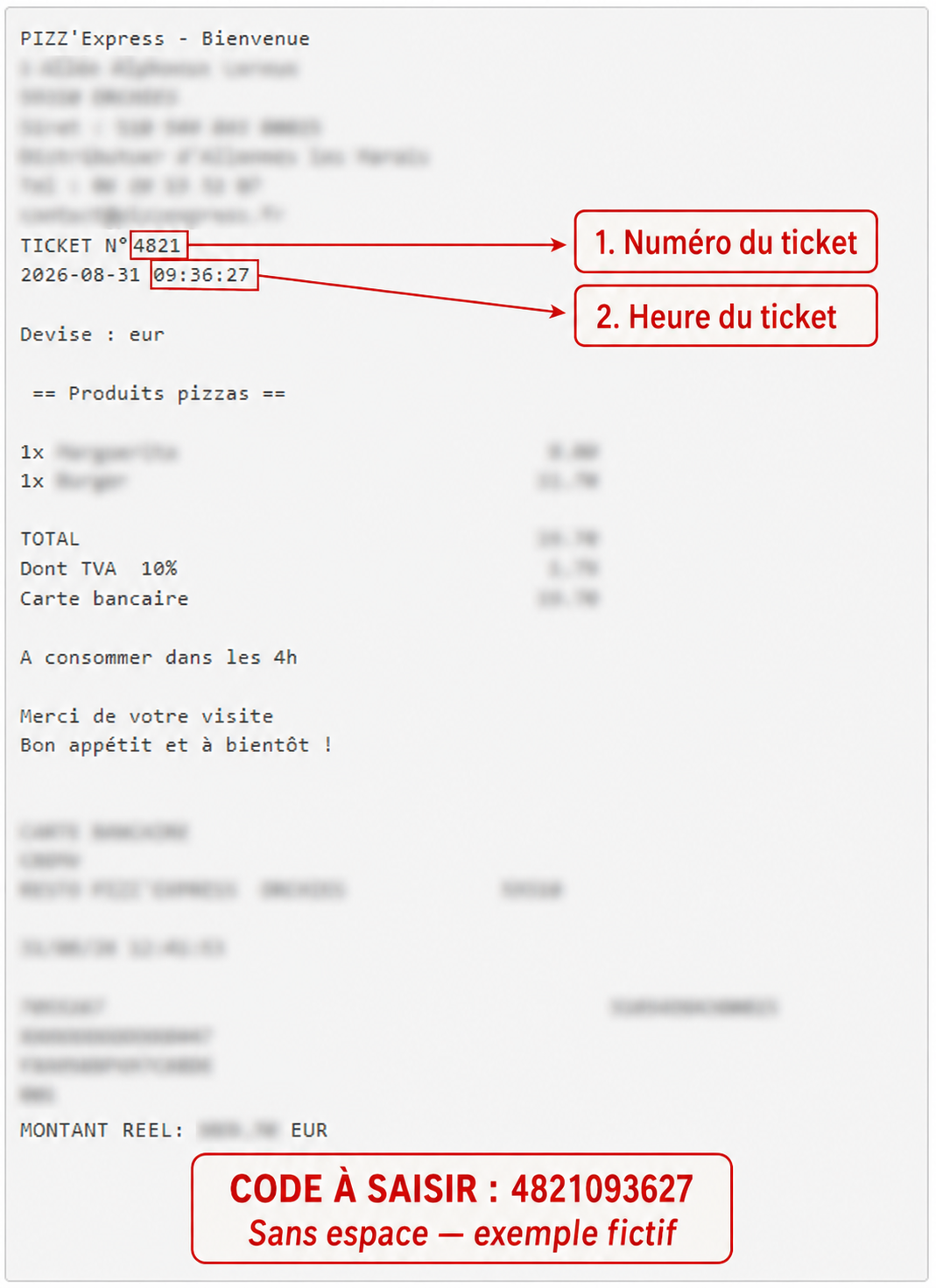 Ticket anonymisé montrant le numéro fictif 4821, l’heure fictive 09:36:27 et le code de participation 4821093627