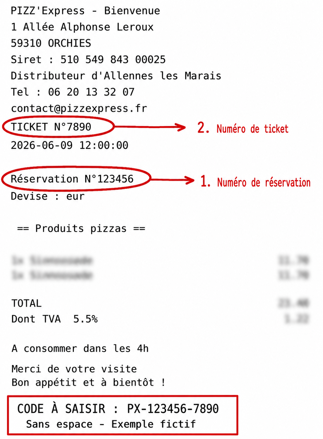 Exemple fictif de ticket indiquant le numéro de réservation et le numéro de ticket à utiliser